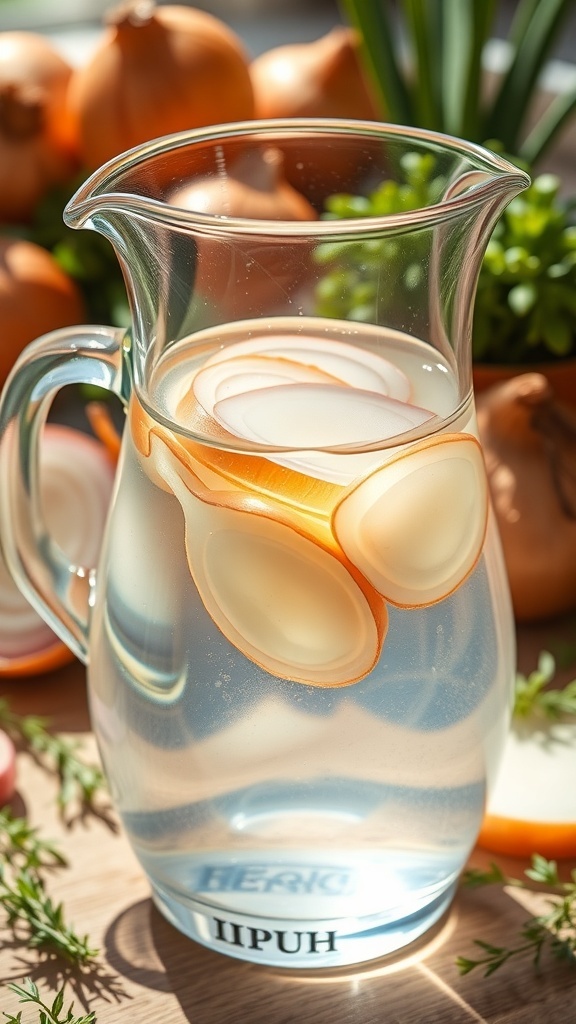 A pitcher of onion water infusion with onion slices, surrounded by fresh onions and herbs.